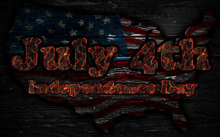 Independence Day, Fourth of July, 4k, fiery letters, July Fourth, wooden texture, 4th of July, USA, Independence Day of America, USA flag, USA map, american flag, The Fourth of July