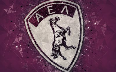 AEL Larissa FC, 4k, logo, geometric art, burgundy abstract background, Greek football club, emblem, Super League Greece, creative art, Larissa, Greece, football