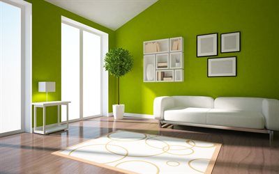 stylish design of the living room, green walls, minimalism, green living room, white furniture, project, living room