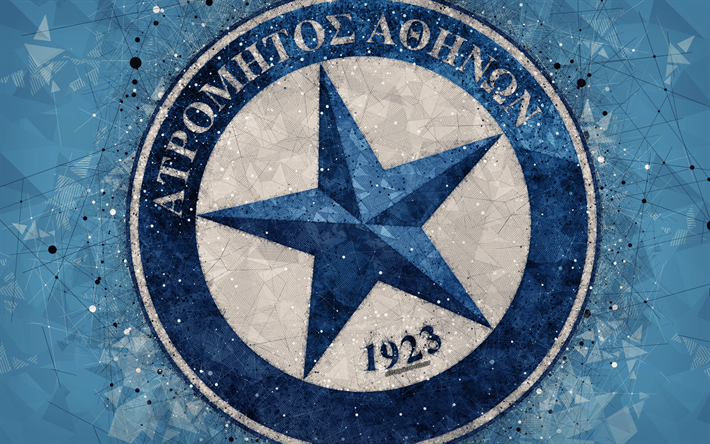 atromitos fc, 4k, logo, geometrische kunst, blau abstrakten hintergrund, griechische fu&#223;ball-club, emblem, super league griechenland, kreative kunst, peristerion, griechenland, fu&#223;ball