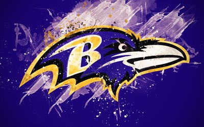 Baltimore Ravens, 4k, logotyp, grunge konst, Amerikansk fotboll, emblem, lila bakgrund, m&#229;la konst, NFL, Baltimore, Maryland, USA, National Football League, kreativ konst