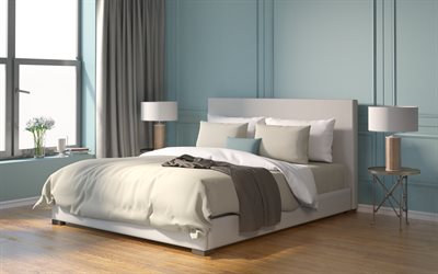 elegante camera da letto matrimoniale interni, pareti blu, design moderno, tranquillo interno, camera da letto