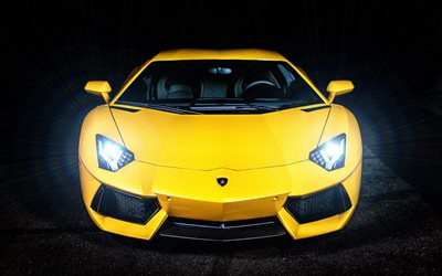 Lamborghini Aventador, faros de 2018 coches, 4k, supercars, amarillo Aventador, Lamborghini