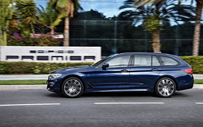 BMW 5 Touring, 2018, G31, 530d, side view, blue wagon, new blue 3 series, German cars, xDrive, BMW