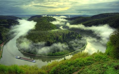 Saar River, morning, barge, fog, summer, Germany, Europe