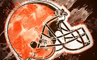 Cleveland Browns, 4k, logo, grunge art, Amerikkalainen jalkapallo joukkue, tunnus, ruskea tausta, paint taidetta, NFL, Cleveland, Ohio, USA, National Football League, creative art