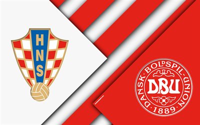 Kroatien vs Danmark, 4k, logotyp, promo, material och design, FOTBOLLS-Vm 2018, Ryssland 2018, fotbollsmatch, Omg&#229;ng 16, Den 1 juli 2018, Nizjnij Novgorod Stadium