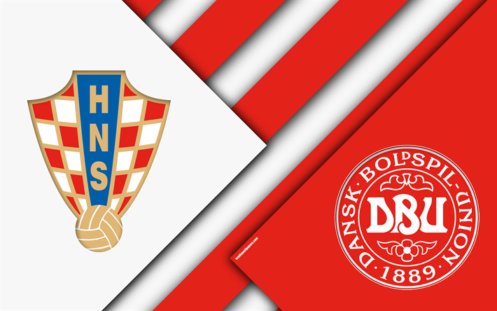 Croatia vs Denmark, 4k, logo, promo, material design, 2018 FIFA World Cup, Russia 2018, football match, Round 16, 1 July 2018, Nizhny Novgorod Stadium