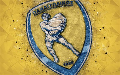 Panetolikos FC, 4k, logo, geometrinen taide, keltainen abstrakti tausta, Kreikan football club, tunnus, Super League Kreikan, creative art, Agrinion, Kreikka, jalkapallo