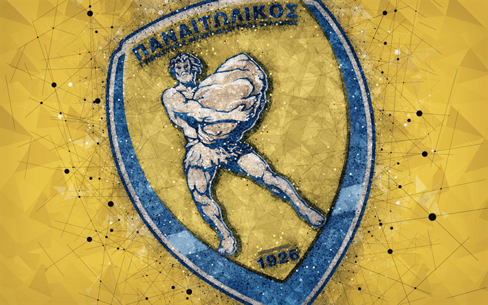 Panetolikos FC, 4k, logo, geometric art, yellow abstract background, Greek football club, emblem, Super League Greece, creative art, Agrinion, Greece, football