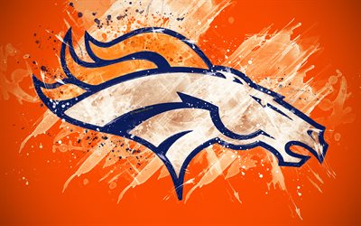 Denver Broncos, 4k, logo, grunge art, Amerikkalainen jalkapallo joukkue, tunnus, oranssi tausta, paint taidetta, NFL, Denver, Colorado, USA, National Football League, creative art