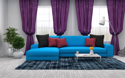 modern interior, living room, blue sofa, purple curtains, stylish interior, project