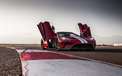 Ford GT, 2018, front view, red sports coupe, racing track, new red GT, American supercars, Ford