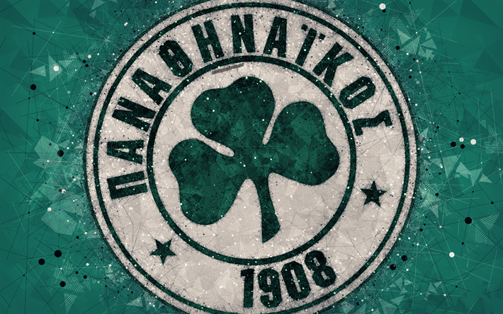 Panathinaikos FC, 4k, logo, geometric art, green abstract background, Greek football club, emblem, Super League Greece, creative art, Athens, Greece, football