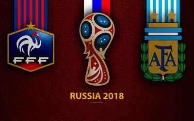 France vs Argentina, Round 16, 4k, leather texture, logo, 2018 FIFA World Cup, Russia 2018, 30 June, football match, creative art, national football teams