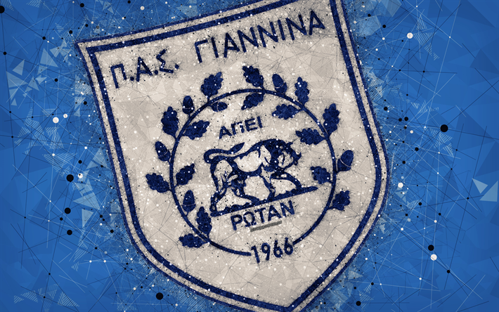 PAS Giannina FC, 4k, logo, geometric art, blue abstract background, Greek football club, emblem, Super League Greece, creative art, Ioannina, Greece, football