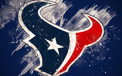 Houston Texans, 4k, logo, grunge art, Amerikkalainen jalkapallo joukkue, tunnus, sininen tausta, paint taidetta, NFL, Houston, Texas, USA, National Football League, creative art