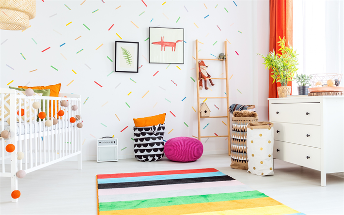 sisustus lasten huone, kirkas sisustus, moderni muotoilu, vauvan huone, lelut, hanke