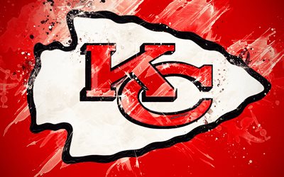 Kansas City Chiefs, 4k, logo, grunge art, Amerikkalainen jalkapallo joukkue, tunnus, punainen tausta, paint taidetta, NFL, Kansas City, Missouri, USA, National Football League, creative art