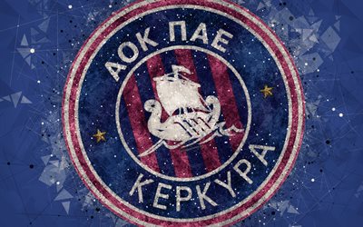 PAE Kerkyra, 4k, logo, geometric art, blue abstract background, Greek football club, emblem, Super League Greece, creative art, Corfu, Greece, football, Kerkyra FC