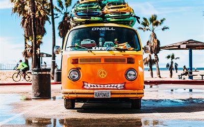 Volkswagen T1, 4k, praia, hippie, pranchas de surf, Volkswagen