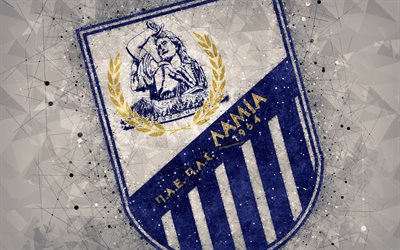 PAS Lamia 1964, 4k, logo, geometric art, gray abstract background, Greek football club, emblem, Super League Greece, creative art, Lamia, Greece, football, Lamia FC