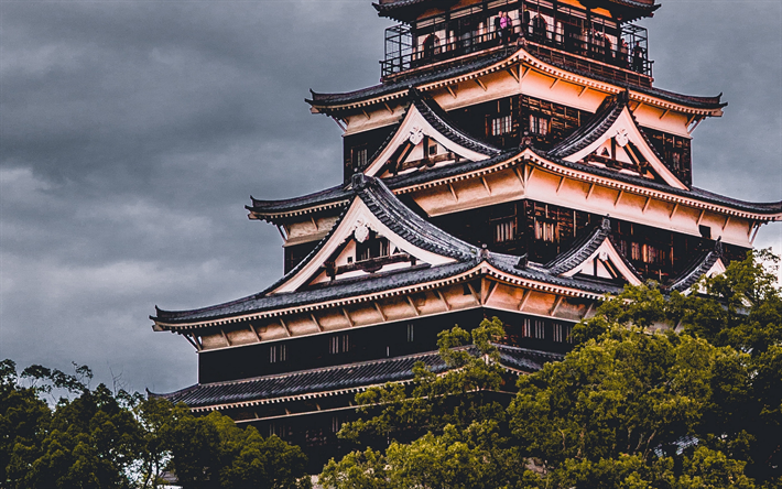 hiroshima castle, karpfen burg, japanische wahrzeichen, wald, japan, asien
