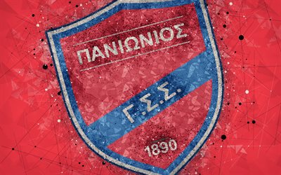 Panionios FC, 4k, logo, geometric art, red abstract background, Greek football club, emblem, Super League Greece, creative art, Nea Smirni, Greece, football