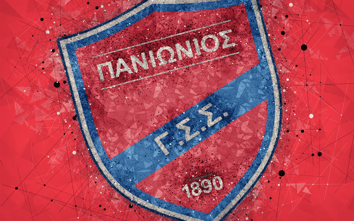 Panionios FC, 4k, logo, geometric art, red abstract background, Greek football club, emblem, Super League Greece, creative art, Nea Smirni, Greece, football