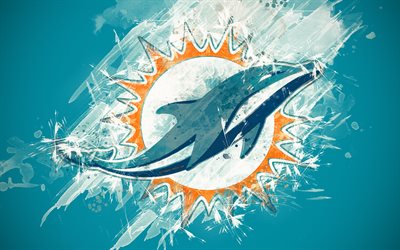 Miami Dolphins, 4k, logo, grunge art, American football team, emblem, blue background, paint art, NFL, Miami, Florida, USA, National Football League, creative art