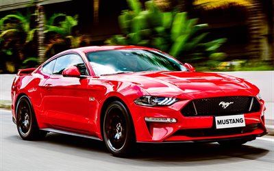 4k, フォードマスタングGTファストバッ, ウ, 2018両, motion blur, 赤いマスタング, チューニング, フォード