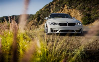 BMW M4, 2018, front view, white sports coupe, tuning, new white M4, German sports cars, BMW