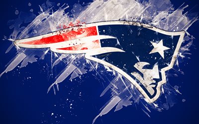 New England Patriots, 4k, logo, grunge art, Amerikkalainen jalkapallo joukkue, tunnus, sininen tausta, paint taidetta, NFL, New England, USA, National Football League, creative art