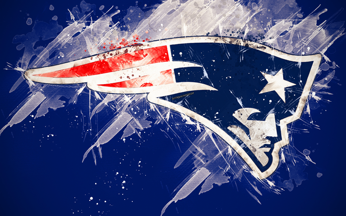 New England Patriots, 4k, logo, grunge sanat, Amerikan futbol takımı, amblemi, mavi arka plan, boya, sanat, NFL, New England, ABD Ulusal Futbol Ligi, yaratıcı sanat