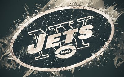 New York Jets, 4k, logo, grunge arte, Time de futebol americano, emblema, fundo verde, a arte de pintura, NFL, Nova York, EUA, A Liga Nacional De Futebol, arte criativa