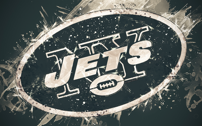 New York Jets, 4k, logo, grunge sanat, Amerikan futbol takımı, amblemi, yeşil arka plan, boya, sanat, NFL, New York, ABD Ulusal Futbol Ligi, yaratıcı sanat