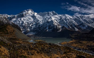 Mount Cook, New Zealand Southern Alps, mountain lake, glacier, mountain river, Aoraki, New Zealand