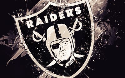 oakland raiders -, 4k -, logo -, grunge-art, american-football-team, emblem, schwarzer hintergrund, malen, kunst, nfl, oakland, kalifornien, usa, der national football league, kreative kunst