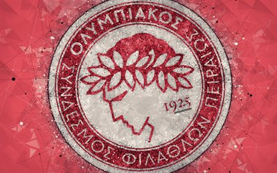 Olympiacos FC, 4k, logo, geometric art, red abstract background, Greek football club, emblem, Super League Greece, creative art, Piraeus, Greece, football