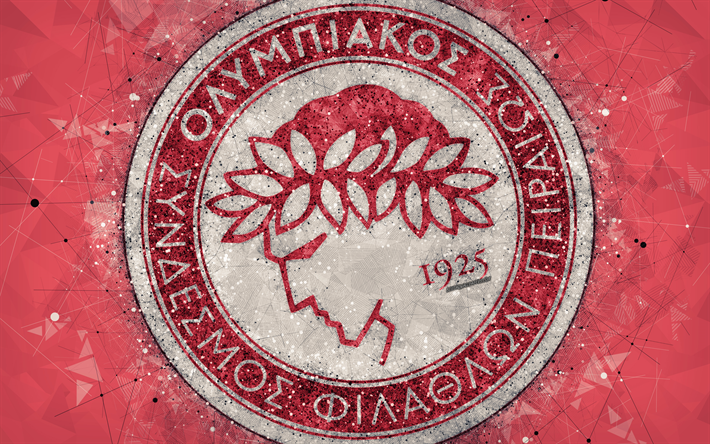 L&#39;Olympiacos FC, 4k, logo, arte geometrica, rosso, astratto sfondo, greco football club, emblema, Grecia Super League, arte creativa, Pireo, in Grecia, calcio
