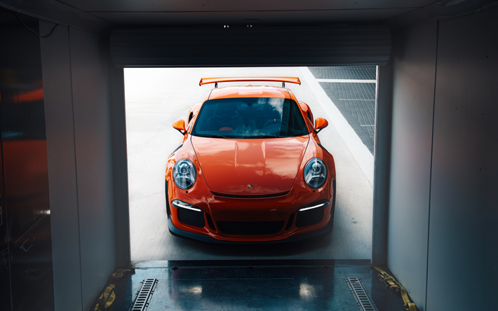 بورش 911 GT3RS, الساحة الحرة, منظر أمامي, البرتقال الرياضية كوبيه, ضبط, سباق السيارات, الألمانية للسيارات الرياضية, بورش