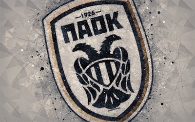 PAOK FC, 4k, logo, geometrinen taide, harmaa abstrakti tausta, Kreikan football club, tunnus, Super League Kreikan, creative art, Thessaloniki, Kreikka, jalkapallo