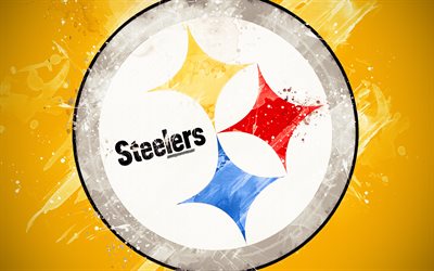 Pittsburgh Steelers, 4k, logo, grunge art, Amerikkalainen jalkapallo joukkue, tunnus, keltainen tausta, paint taidetta, NFL, Pittsburgh, Pennsylvania, USA, National Football League, creative art