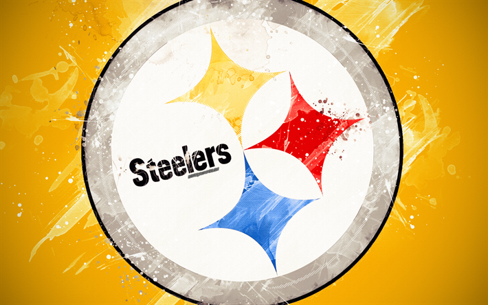 Pittsburgh Steelers, 4k, logo, grunge arte, Time de futebol americano, emblema, fundo amarelo, a arte de pintura, NFL, Pittsburgh, Pensilv&#226;nia, EUA, A Liga Nacional De Futebol, arte criativa