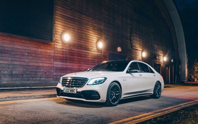 Mercedes-Benz S-Class, S63 AMG, 2018, lusso, bianco berlina, tuning S63, vista frontale, esterno, bianco nuovo S63, Mercedes