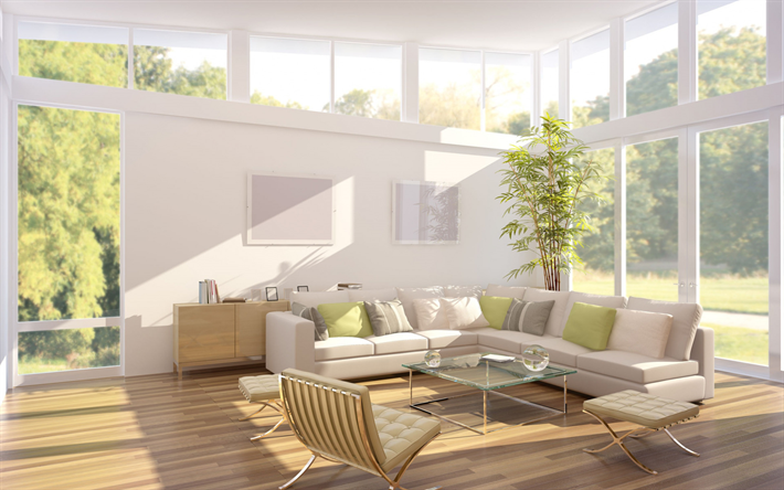 stylish light interior, living room, white big sofa, white walls, modern interior
