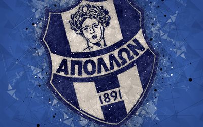 Apollon Smyrni FC, 4k, logo, geometric art, blue abstract background, Greek football club, emblem, Super League Greece, creative art, Athens, Greece, football