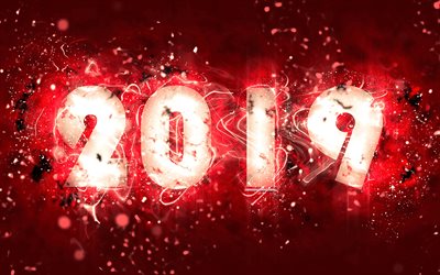 2019 year, 4k, neon lights, abstract art, 2019 concepts, red background, creative, Happy New Year 2019