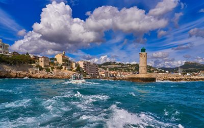 faro viejo, Pueblo de la Costa, el Mar Mediterr&#225;neo, la costa, las olas, el verano, Cassis, Francia