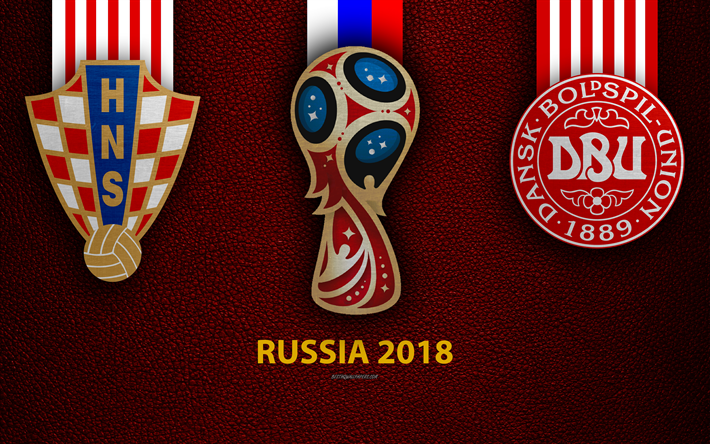 Croacia vs Dinamarca, Ronda de 16, 4k, textura de cuero, logotipo, 2018 Copa Mundial de la FIFA Rusia 2018, de 1 de julio, partido de f&#250;tbol, arte creativo, nacional de f&#250;tbol de los equipos de